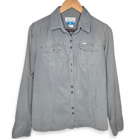 Columbia Grey Corduroy Button Up Shirt Women's Outdoor Flap Pocket Hiking L - Picture 1 of 5